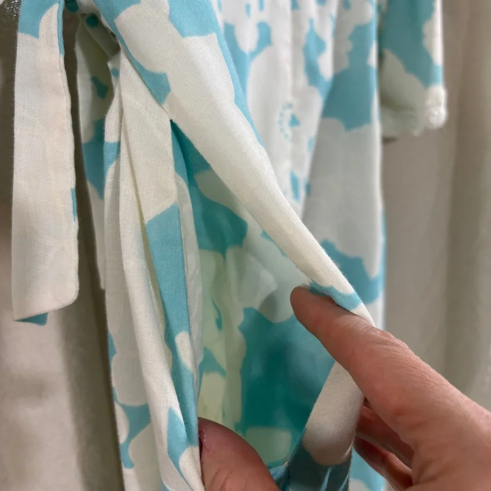 VTG 1960s Saks Fifth Avenue Robe Floral Blue White Lace Trim Maxi Wrap Pockets